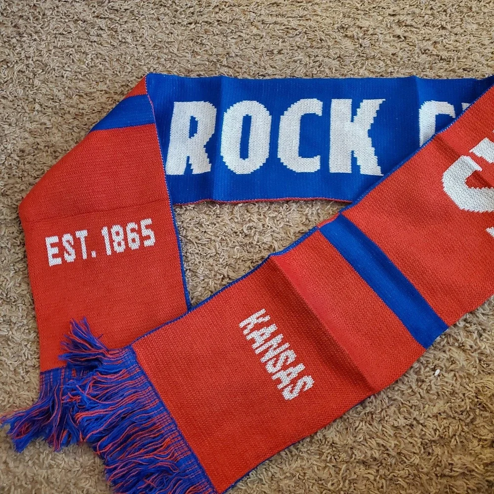 Kansas Jayhawks Ncaa Rock Chalk Red White Blue‎ Scarf Fringe Knit